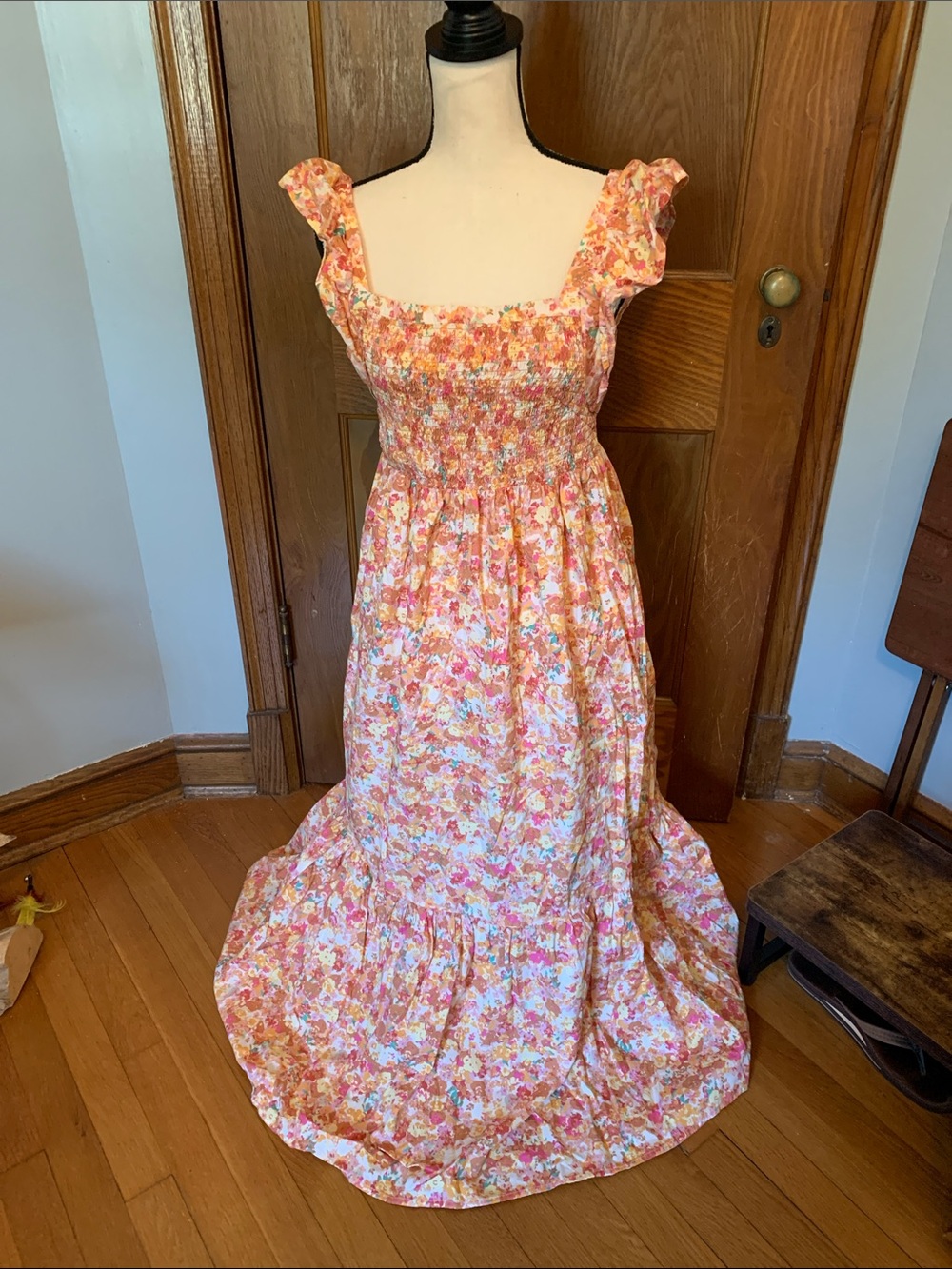 a.n.a Pink Floral Smocked Maxi Dress with Cream Accents